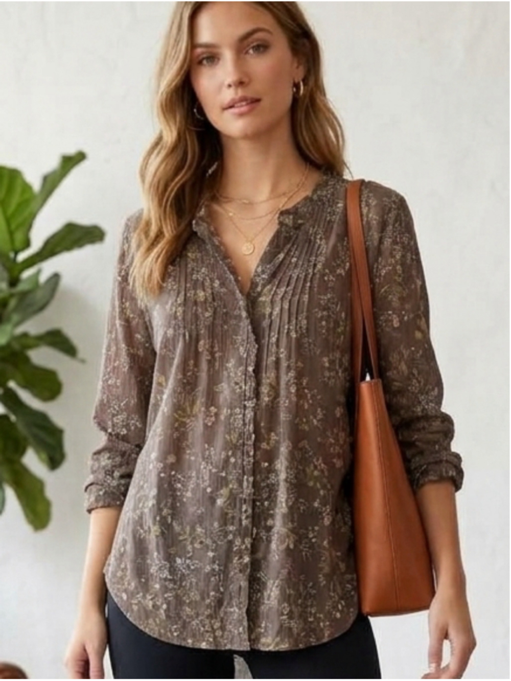 Eddie Bauer Floral Chiffon Henley Blouse Pintuck Ruffle Boho Tunic XL 2117
